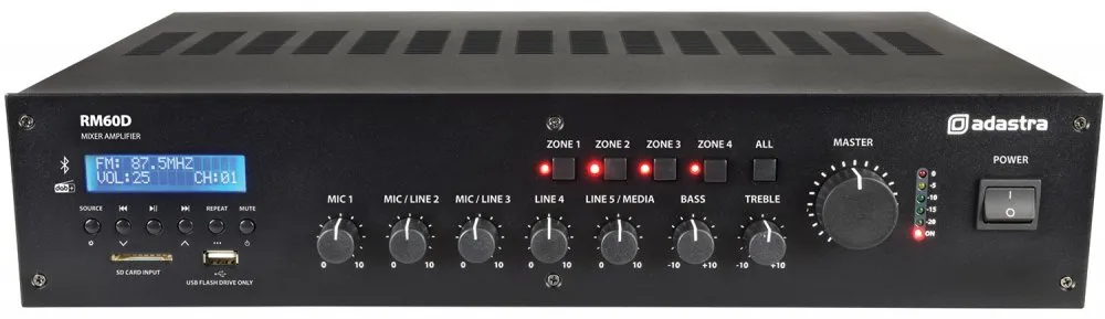 Adastra RM60D, 100V mixážní 4-zónový zesilovač, FM/DAB+, BT, USB/SD Ihned K Objednání