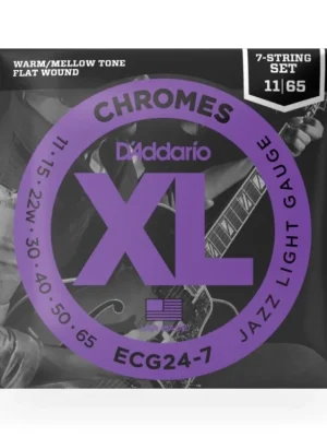 Víkendová Akce D'Addario ECG24-7 Chromes Flat Wound 7-String Electric Guitar Strings, Jazz Light, 11-65