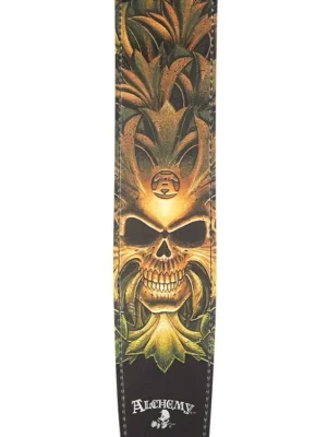 D'Addario Alchemy Leather Guitar Strap, Green Skull Vysoce Kvalitní