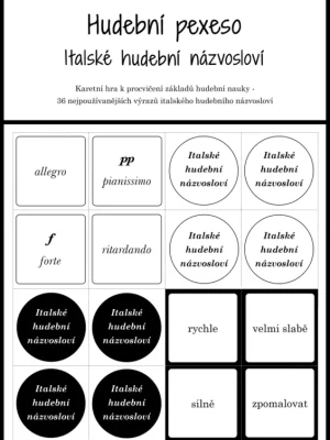 Značkový Hudební pexeso - Italské hudební názvosloví - 72 kartiček pro zábavnou výuku hudební nauky